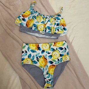 cupshe summer lemon print falbala bikini set